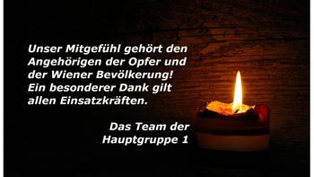 Kerze mit Beileidsworten der Hauptgruppe 1 zum Terroranschlag November 2020