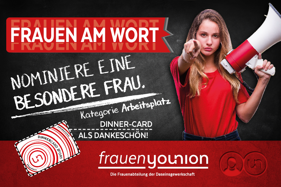 Aktion der Frauenabteilung der younion, Frau mit einem Megaphone in der Hand